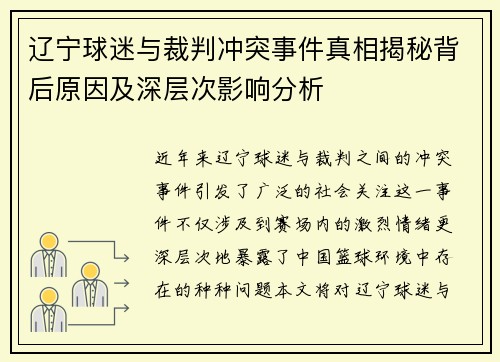 辽宁球迷与裁判冲突事件真相揭秘背后原因及深层次影响分析 辽宁球迷与裁判冲突事件真相揭秘背后原因及深层次影响分析