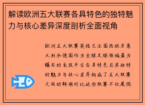 解读欧洲五大联赛各具特色的独特魅力与核心差异深度剖析全面视角